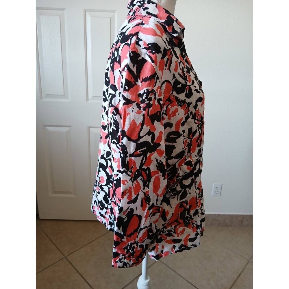 David Brooks Floral Linen Blouse XL Button Front Belted Casual Top - Picture 3 of 16